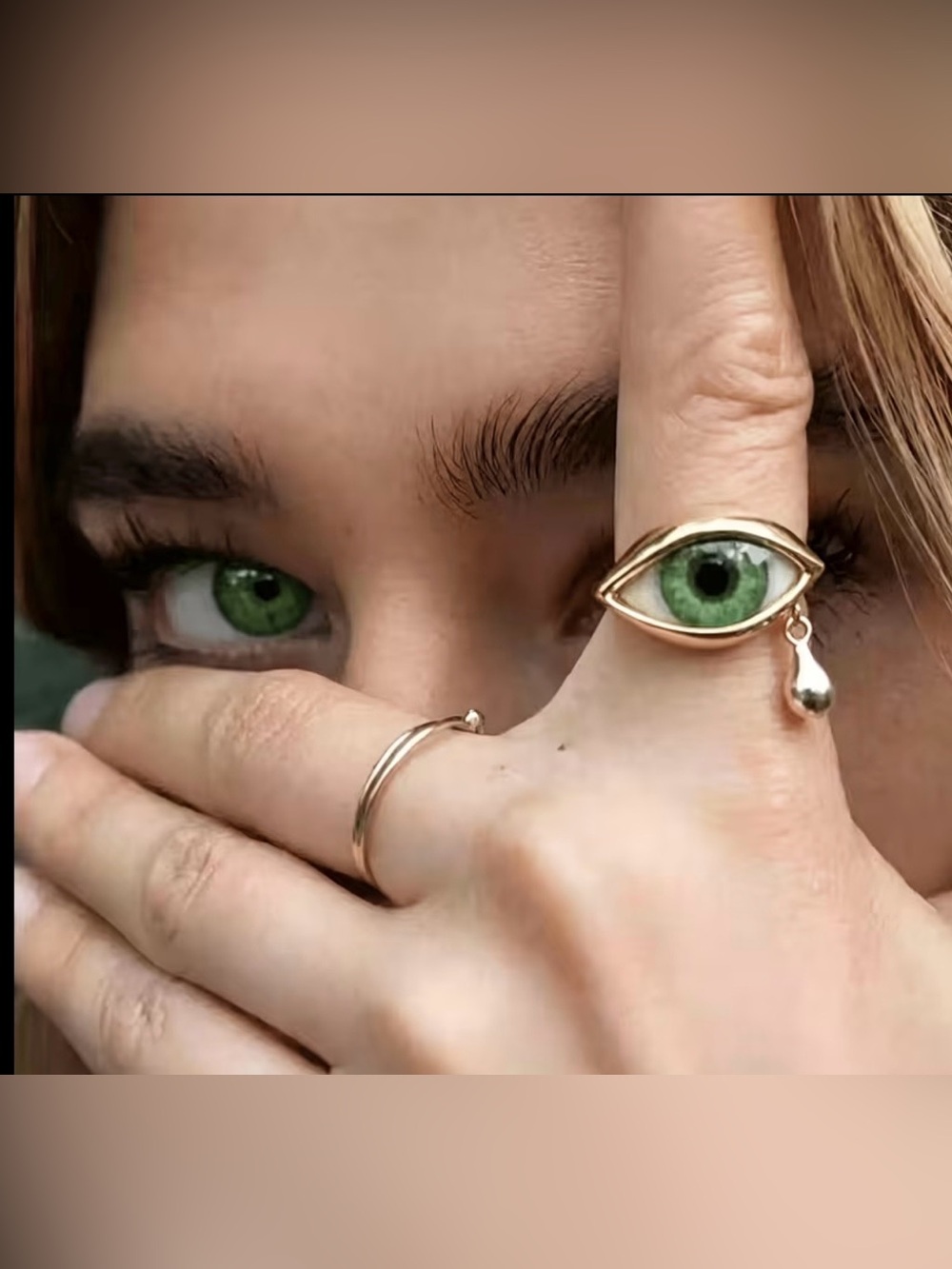 Schiaparelli Inspired Gold Evil Eye Ring with Green Accent